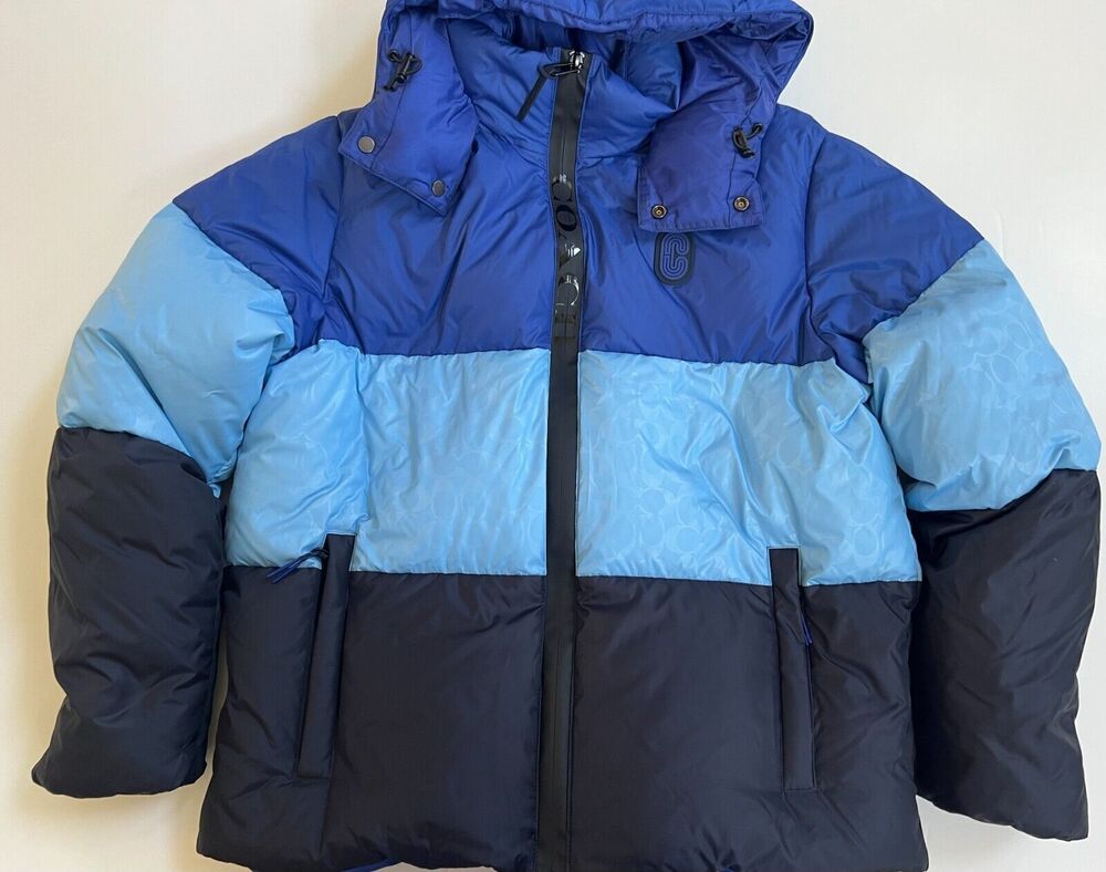 Coach CB661 Colorblock Down Puffer Jacket Royal Blue Multi XL $650